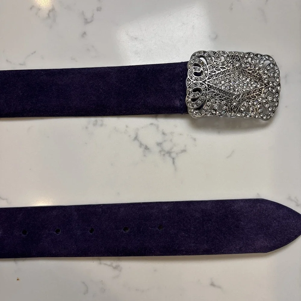 Lauren‎ Ralph Lauren Purple Suede Leather Silver Rhinestone Buckle Belt Size MED
